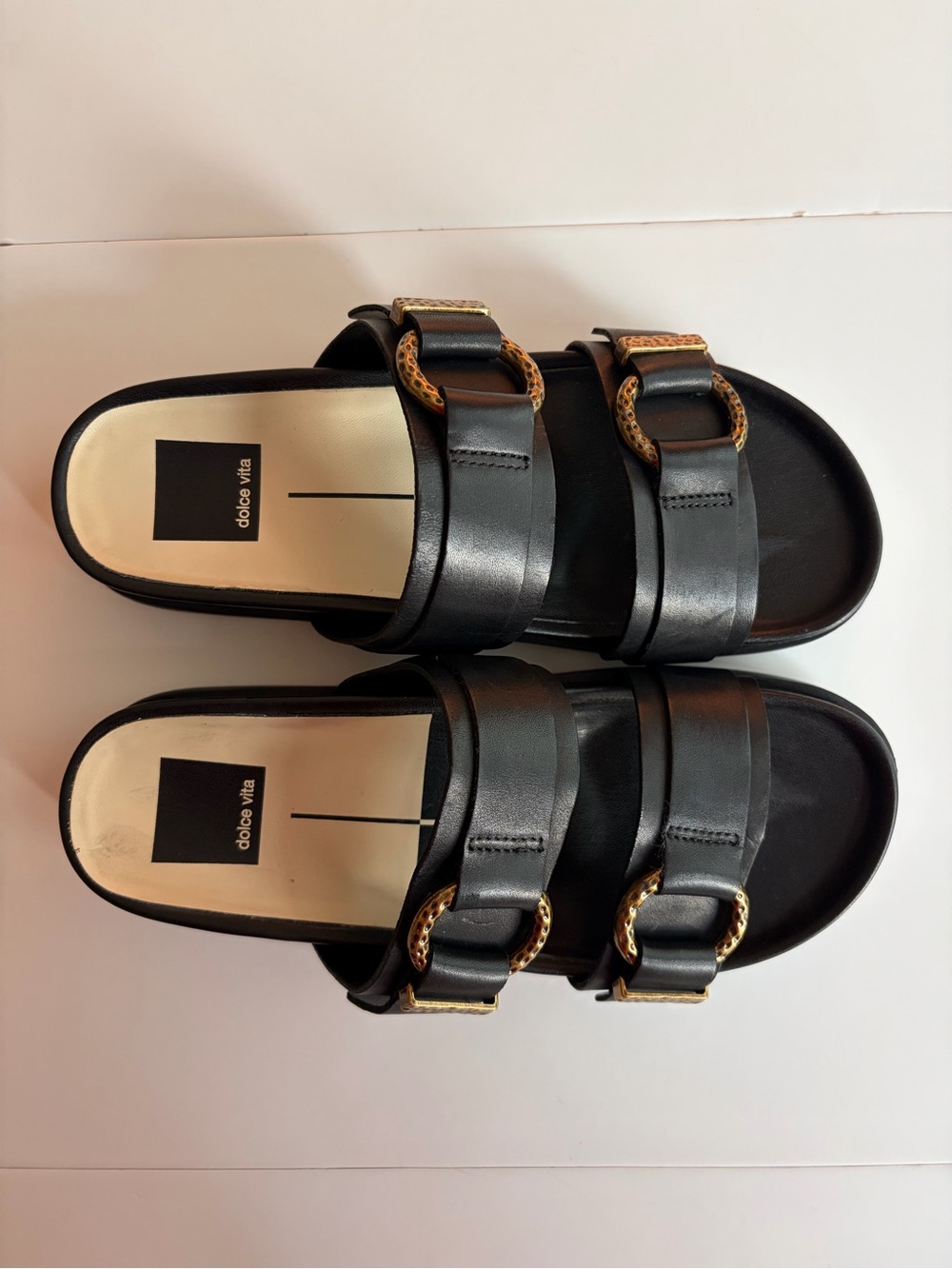 Dolce Vita Soya Black Leather Double Buckle Platform Casual Slide Sandals Size 6